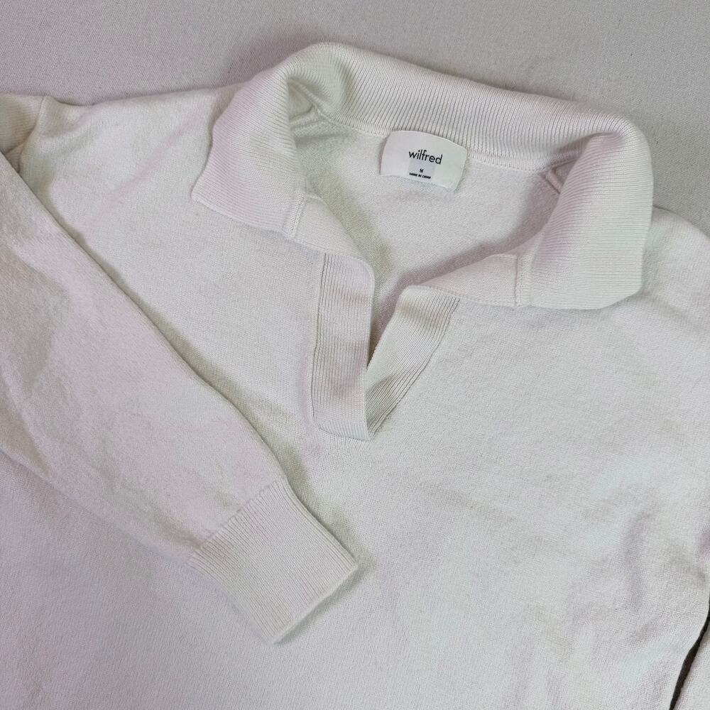 Aritzia Wilfred Merino Wool Crop Knit Polo Sweater Women's M Cream V-Neck Preppy